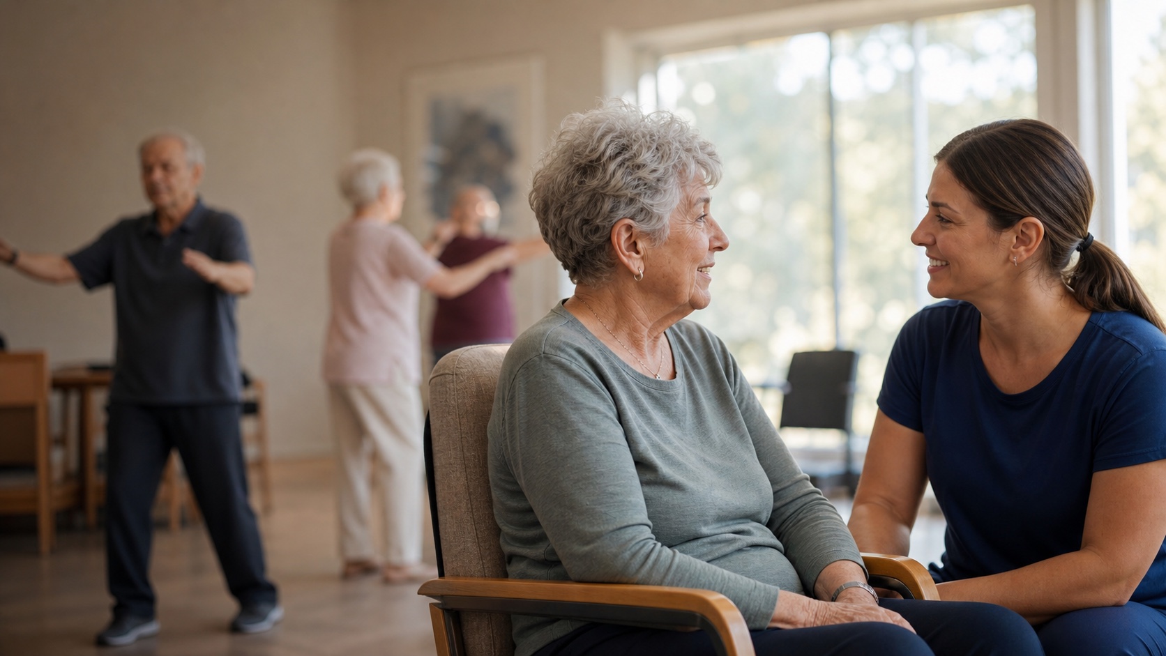 An older woman and a care worker sharing a conversation