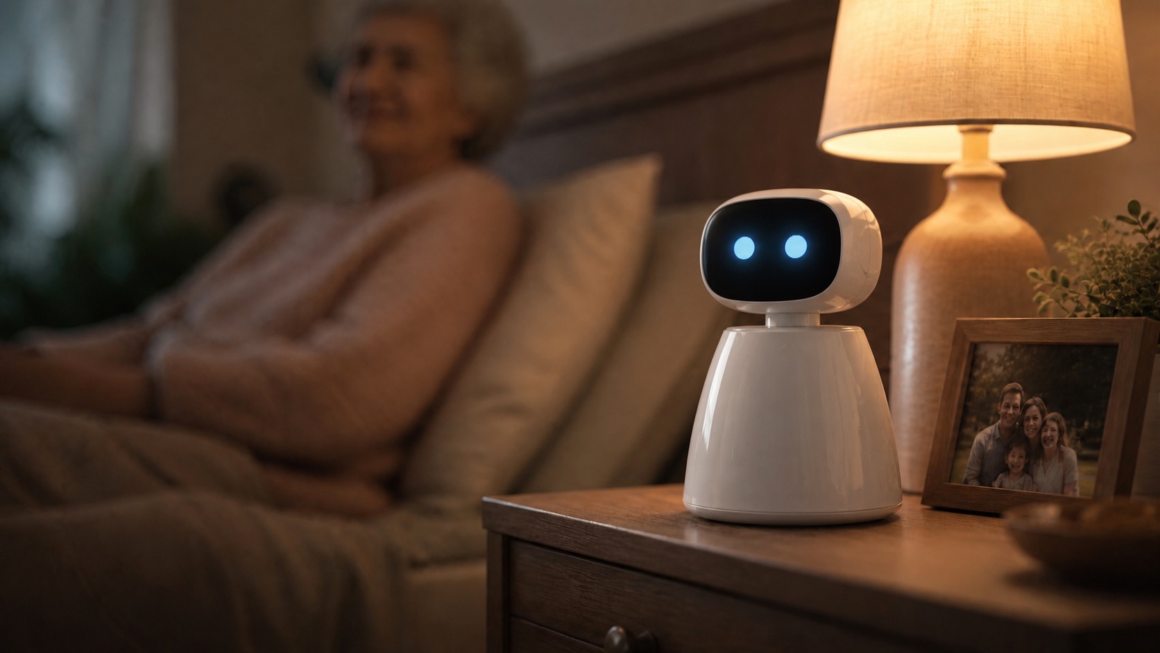A tabletop companion robot in a calm home setting