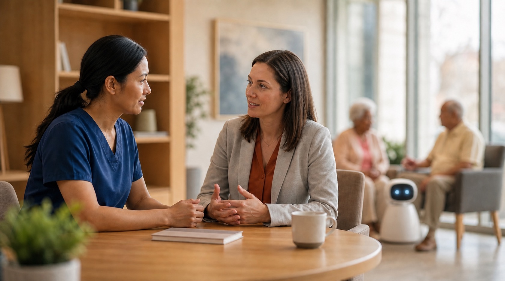 Care workers and residents talking together in a bright aged care facility