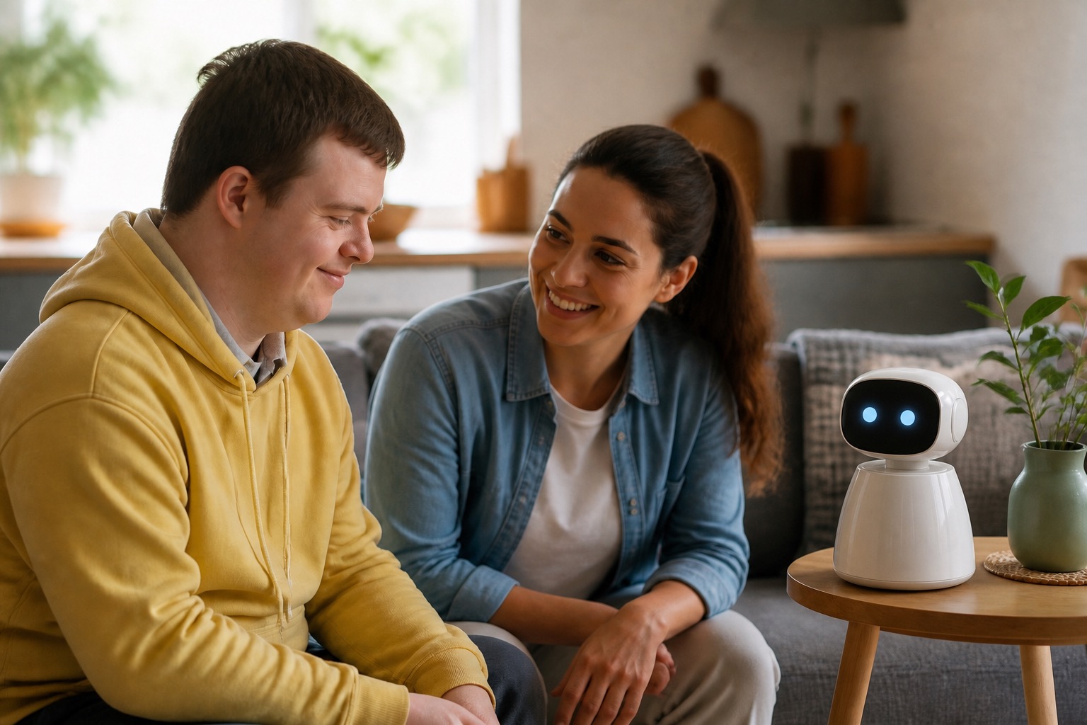 A companion robot in a calm home setting with a person nearby