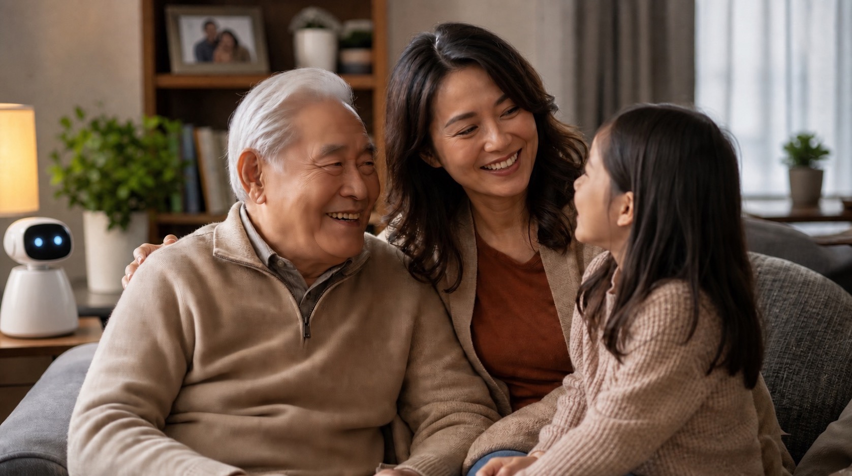 An older adult smiling beside a companion robot showing a family memory