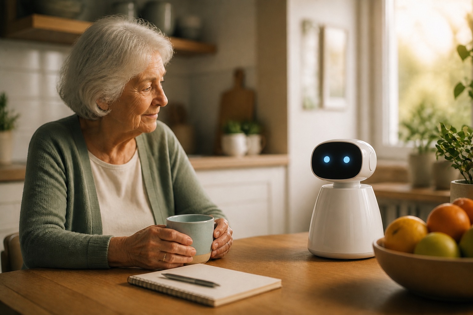 A companion robot in a quiet care room between visits